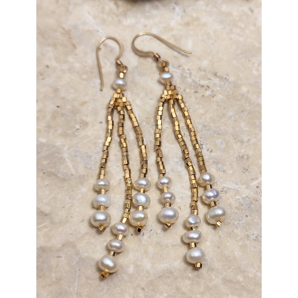 14K Gold GF Cultured Pearl Tassel Dangle Earrings